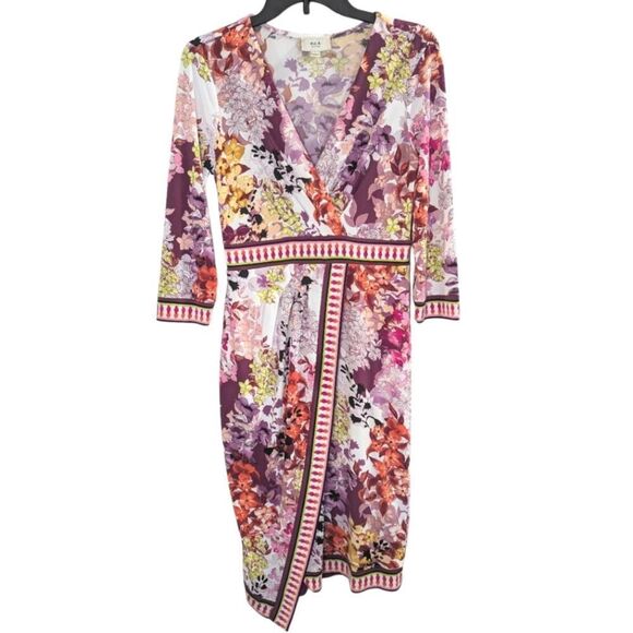 ECI pink purple multicolor floral faux wrap stretch jersey dress womens 4 Small - Picture 2 of 8